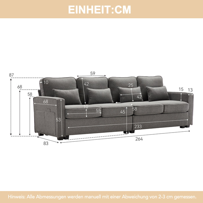 4-Sitzer-Sofa aus Leinenstoff mit Armlehnentaschen und 4 Kissen