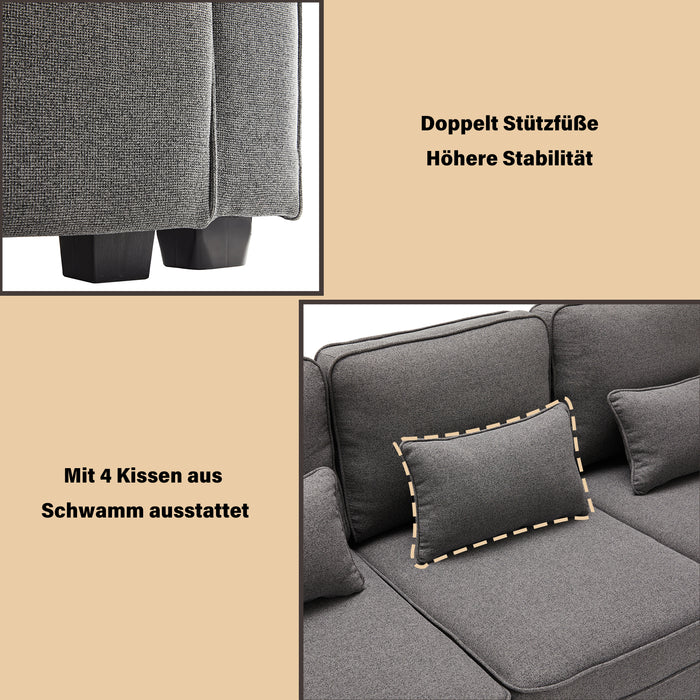 4-Sitzer-Sofa aus Leinenstoff mit Armlehnentaschen und 4 Kissen