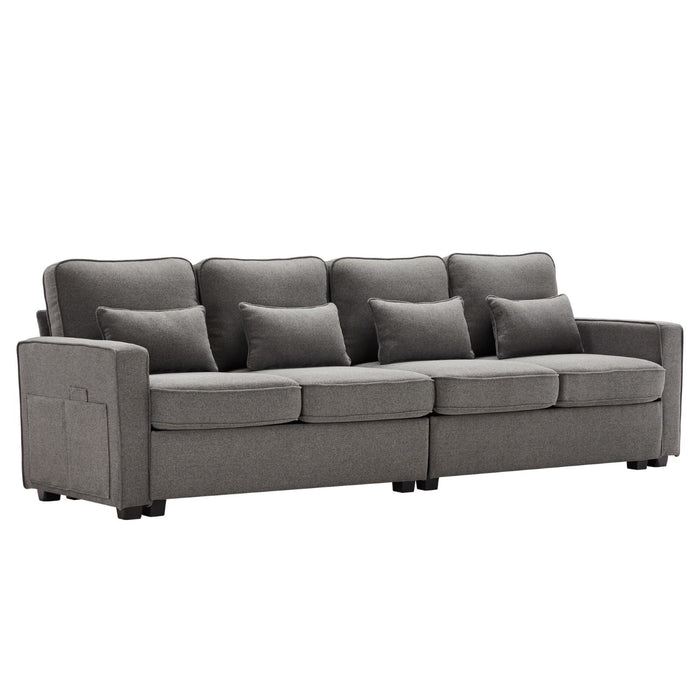 4-Sitzer-Sofa aus Leinenstoff mit Armlehnentaschen und 4 Kissen