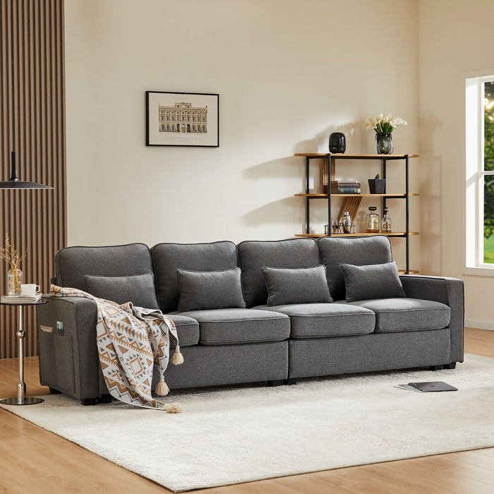 4-Sitzer-Sofa aus Leinenstoff mit Armlehnentaschen und 4 Kissen