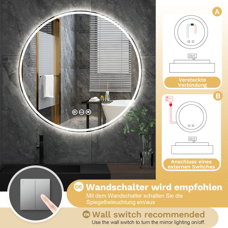 Yorbay Runder Badespiegel mit Beleuchtung, 60 cm / 80 cm - YB064 - W022 - 11 - Yorbay.de