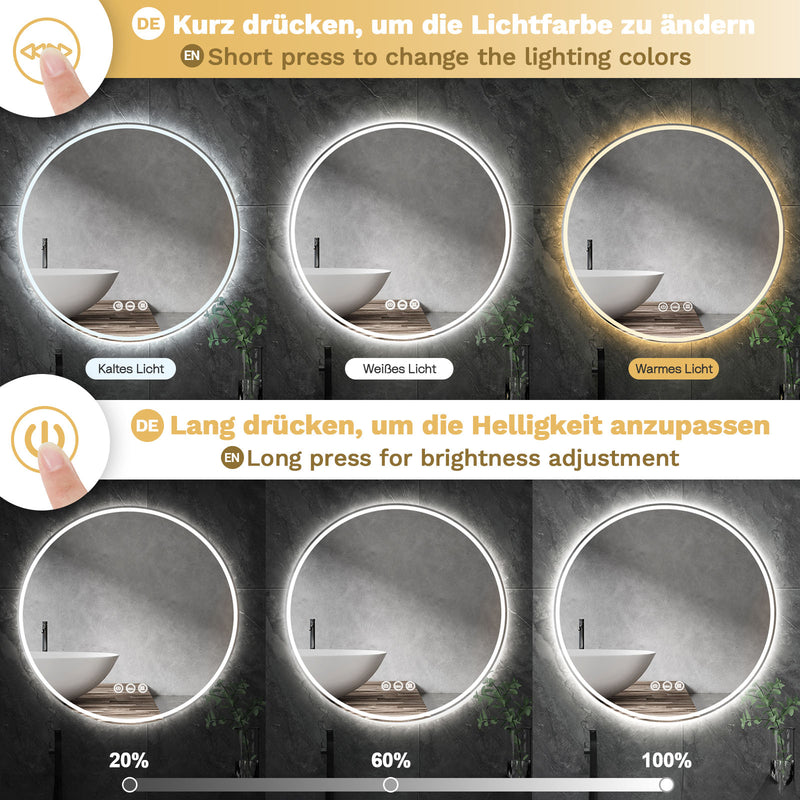 Yorbay Runder Badespiegel mit Beleuchtung, 60 cm / 80 cm - YB064 - W022 - 5 - Yorbay.de