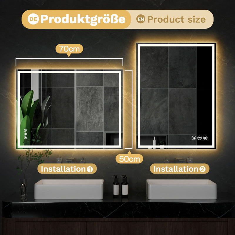 Yorbay Rechteckig Badspiegel mit Beleuchtung, 50x70 cm / 60x80 cm - YB065 - W024 - 3 - Yorbay.de