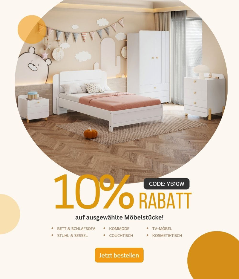 10% Rabatt auf ausgewählte Möbelstücke. Weiße Bett, Kleiderschrank und Nachttische im Schlafzimmer