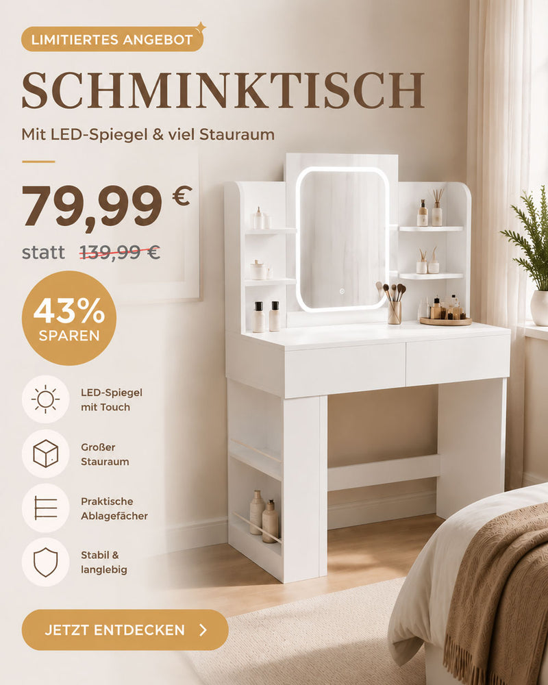 Yorbay vanity desk with LED mirror, ample storage shelves and modern white design for bedroom organization