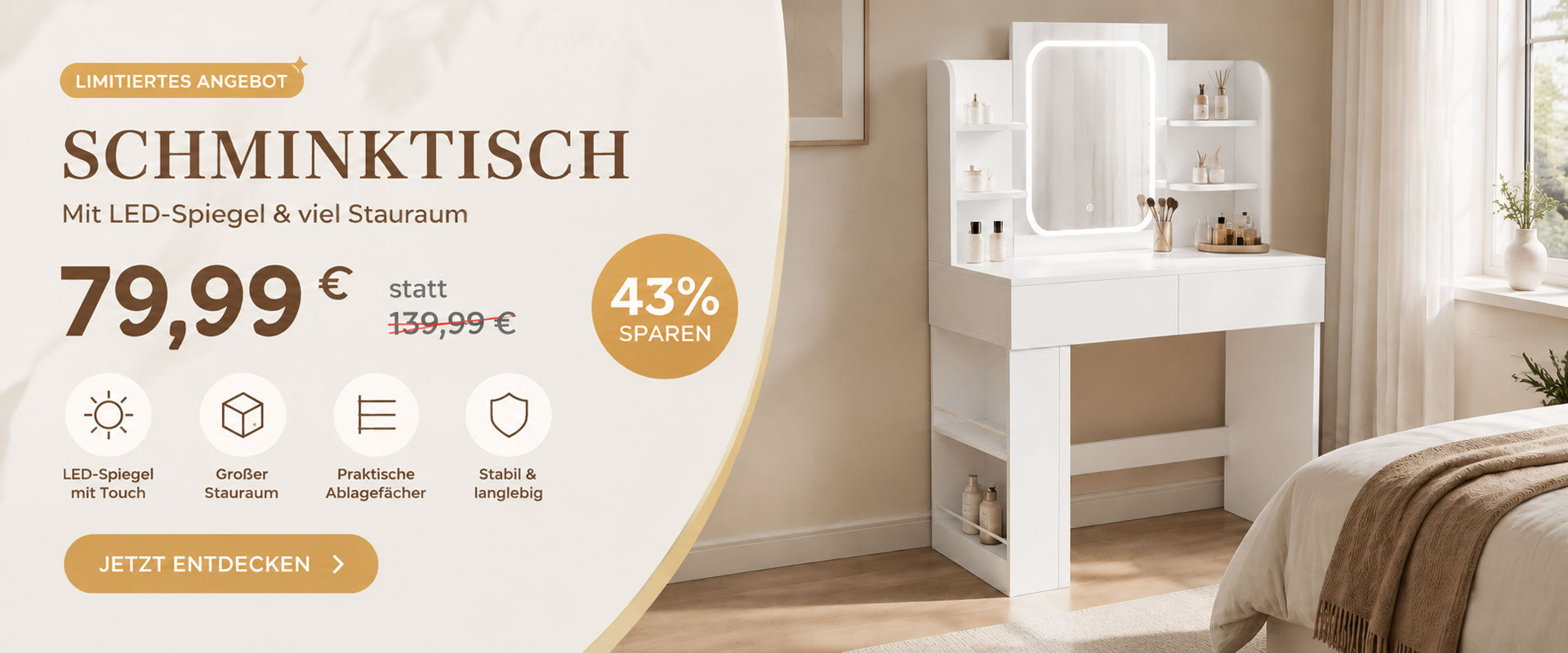 Weißer Schminktisch mit beleuchtetem LED-Spiegel, praktischen Regalen und viel Platz für Kosmetik und Accessoires