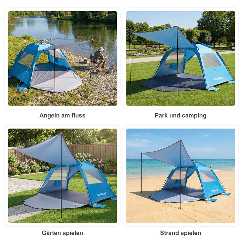 Pop-Up Strandzelt mit Vorzelt & Zubehör, UV50+ – 220×150×125 cm —