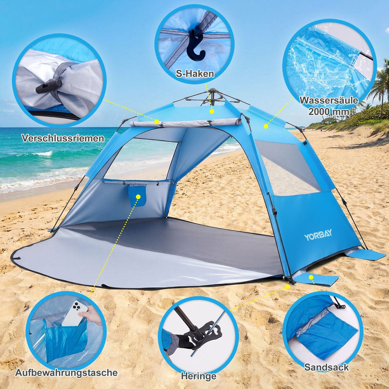 Pop-Up Strandzelt mit Vorzelt & Zubehör, UV50+ – 220×150×125 cm —