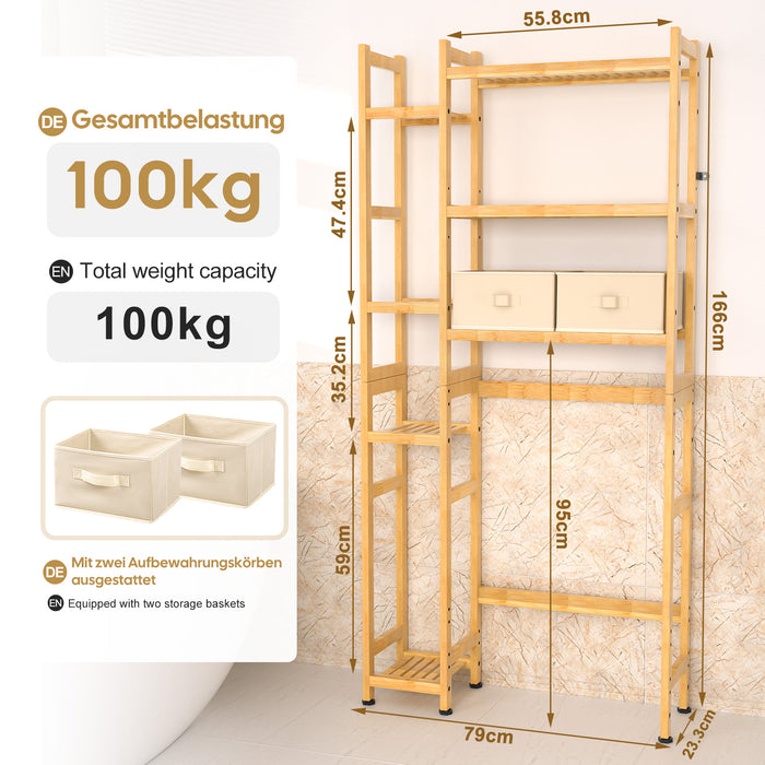 Yorbay Toilettenregal aus Bambus mit 2 Aufbewahrungsboxen und höhenverstellbaren Ablagen