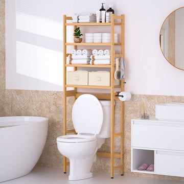 4-stöckiges Toilettenregal aus Bambus mit Körben und Haken —