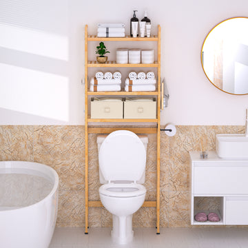 4-stöckiges Toilettenregal aus Bambus mit Körben und Haken —