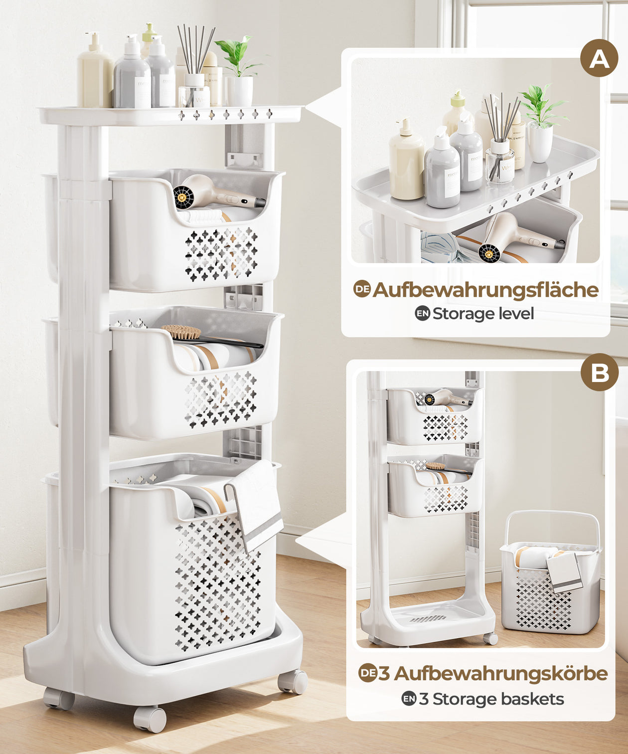 Yorbay Wäschesammler auf Rollen mit 3 Körben - YB080 - E019 - 4 - Yorbay.de