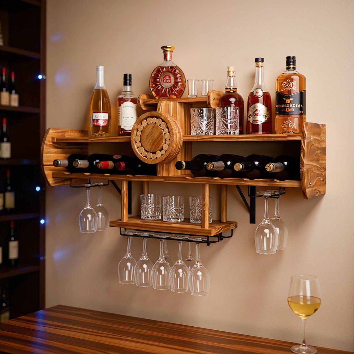 Wooden wall wine rack in airplane design, for up to 20 bottles