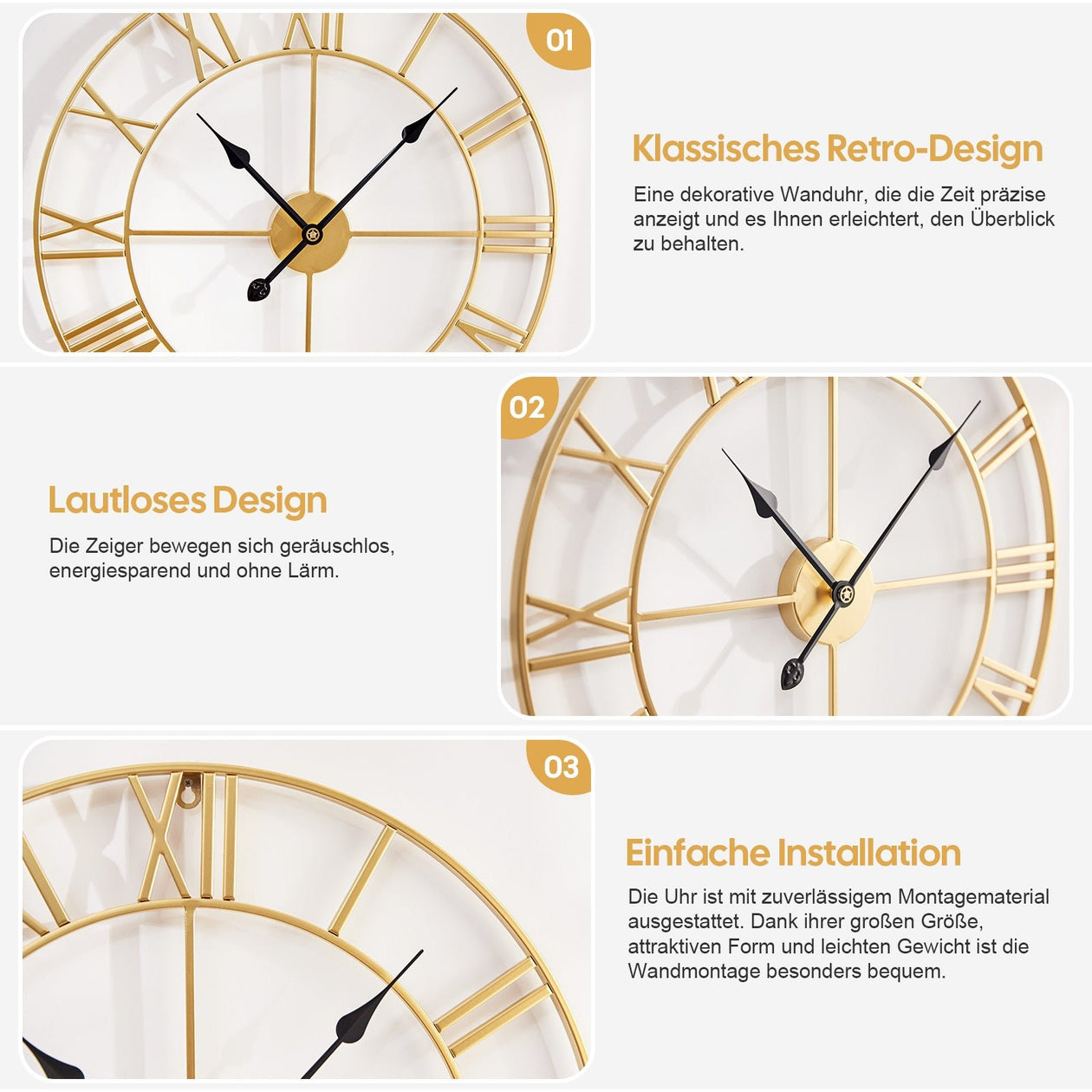 Yorbay Vintage Wanduhr aus Metall Gold - YB003-W005 - 6 - Yorbay.de