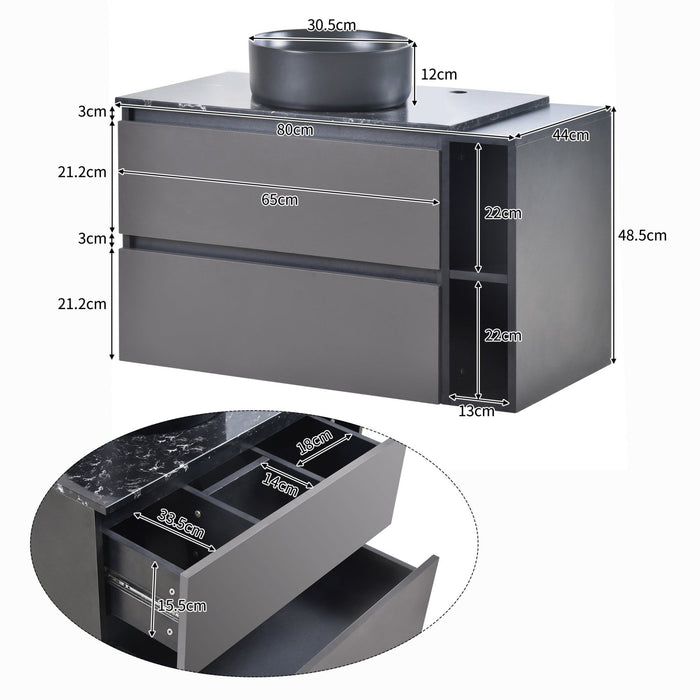 Waschbeckenunterschrank hängend 80 cm mit Keramikwaschbecken und Schubladen - YB - LY315889AAB - 3 - Yorbay.de