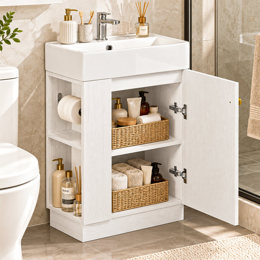 Yorbay Waschbeckenunterschrank mit Keramikbecken, Stauraum und Toilettenpapierhalter - YW032-D105 - 2 - Yorbay.de