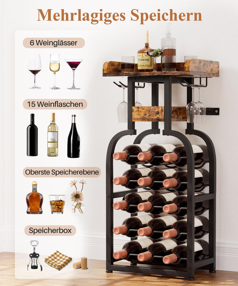 Yorbay Freistehendes Weinregal für 15 Flaschen mit Glashaltern - YB048 - T046A - 5 - Yorbay.de