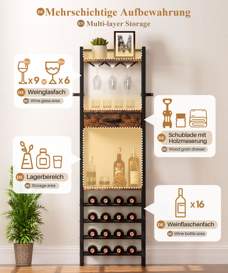 Yorbay Freistehendes Weinregal für 16 Flaschen und 9 Weingläser