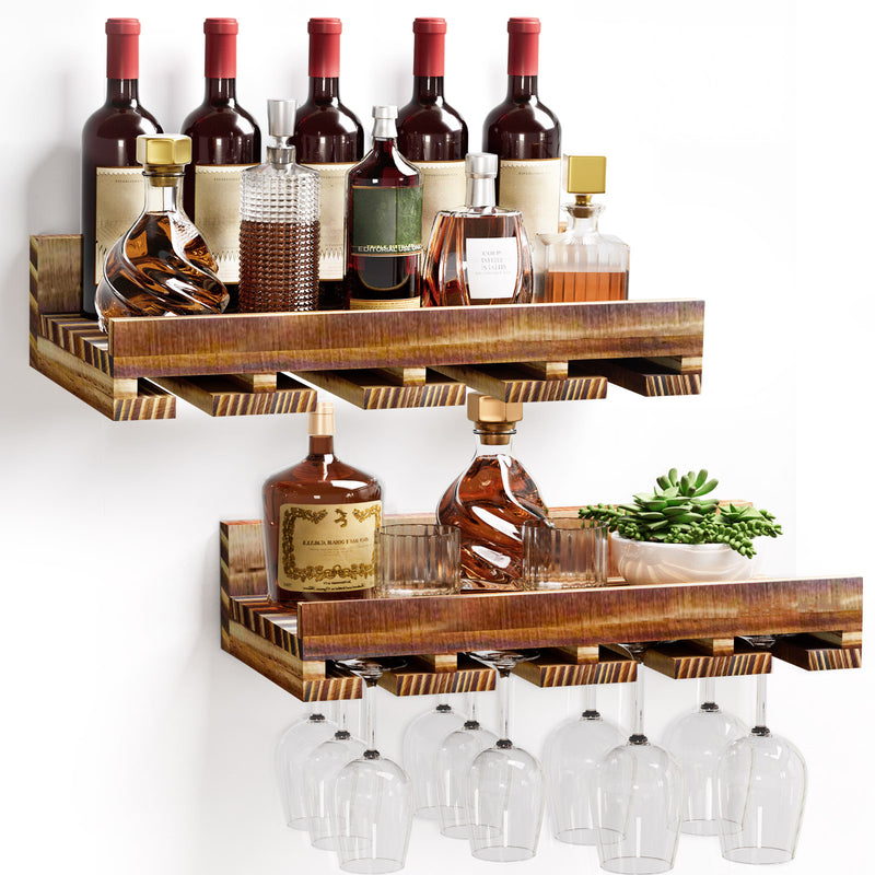 Wand-Weinregal 2er Set aus Kiefernholz mit Ablage & Weinglashalter —