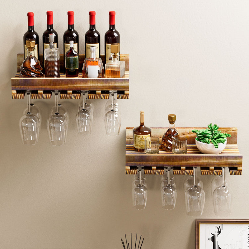 Wand-Weinregal 2er Set aus Kiefernholz mit Ablage & Weinglashalter —