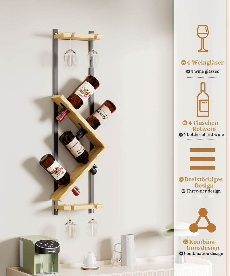 Yorbay Wand-Weinregal für 4 Flaschen und 4 Gläser