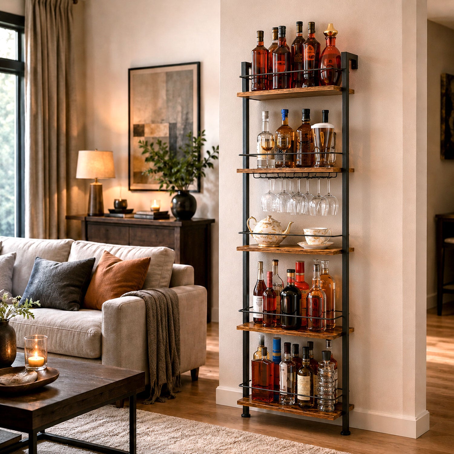 Weinregal 5-stufig mit LED und mit Flaschenhalter im Industrie Design —