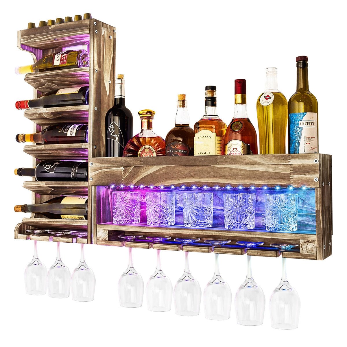 LED-beleuchtetes Weinregal aus Holz mit Glashalter, steuerbar über Smartphone —