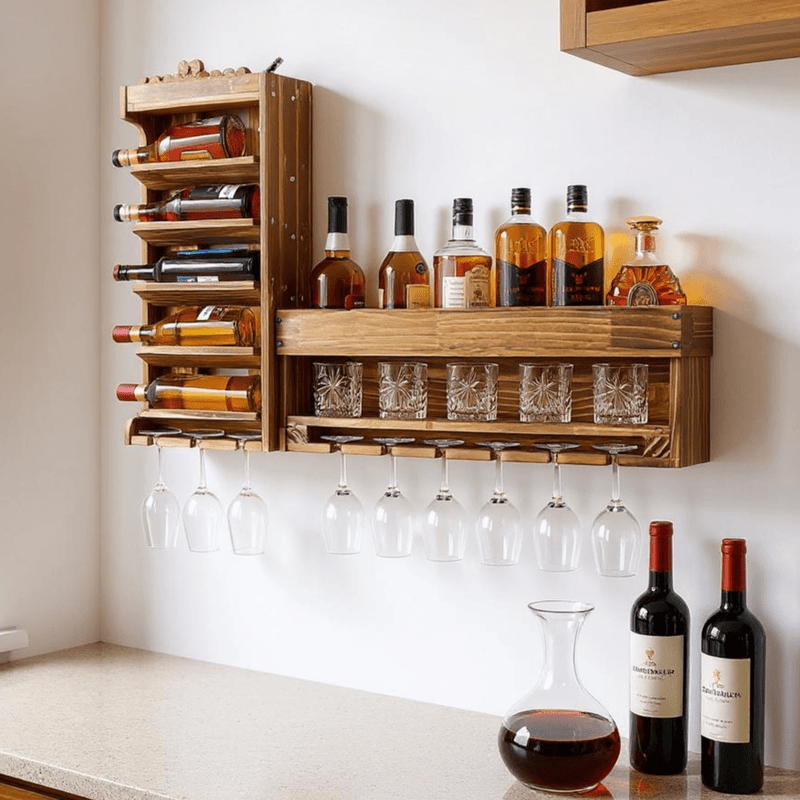 Wandmontiertes Weinregal aus Holz mit Glashalter, bis 20 kg belastbar —