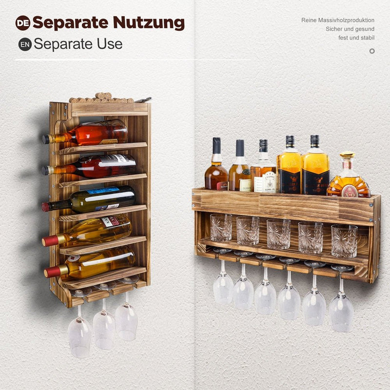 Wandmontiertes Weinregal aus Holz mit Glashalter, bis 20 kg belastbar —