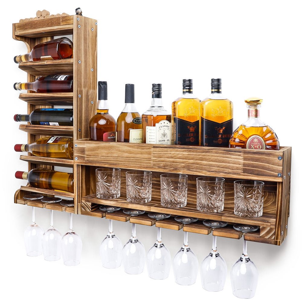 Wandmontiertes Weinregal aus Holz mit Glashalter, bis 20 kg belastbar —