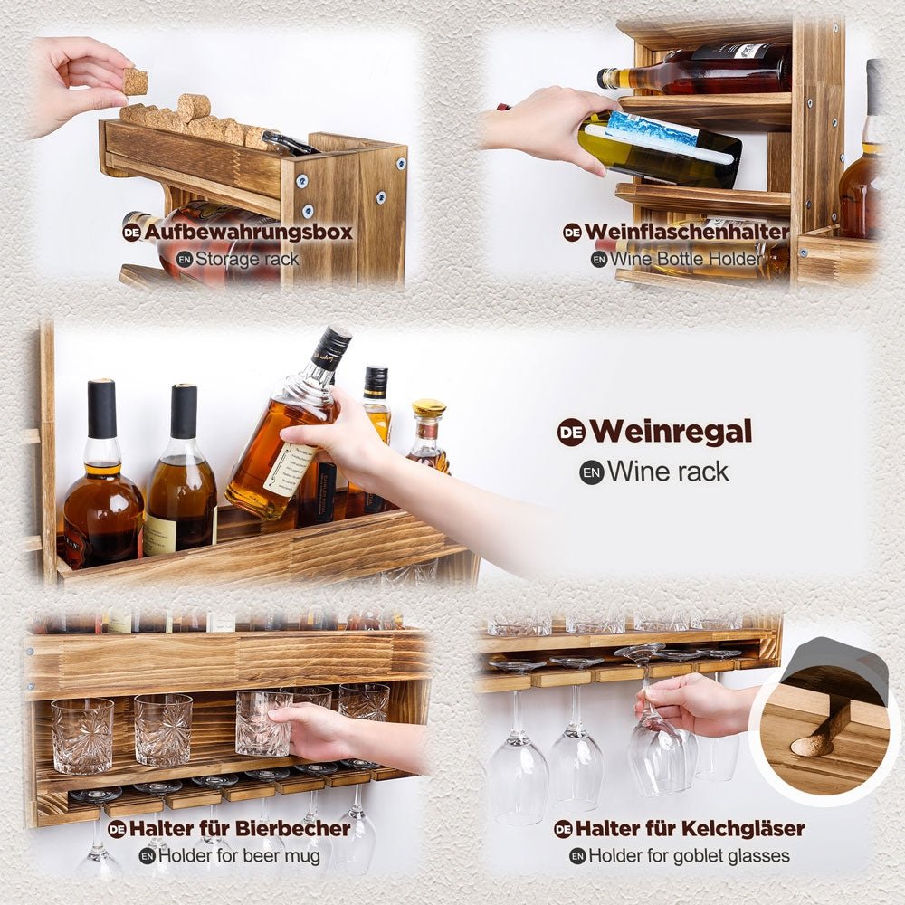 Sorbus Wandmontiertes Weinregal + Stielglasregal Set Aus Draht & Holz – Für 6 Flaschen & 6-8 Gläser | Deko & Aufbewahrung Für Hausbar
