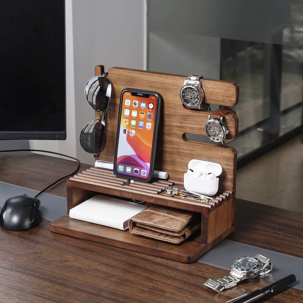 Yorbay Telefon Docking Station, Schreibtisch Organizer aus Holz für Uhren  Handy Tablet Brillen Schlüssel Geldbörsen 