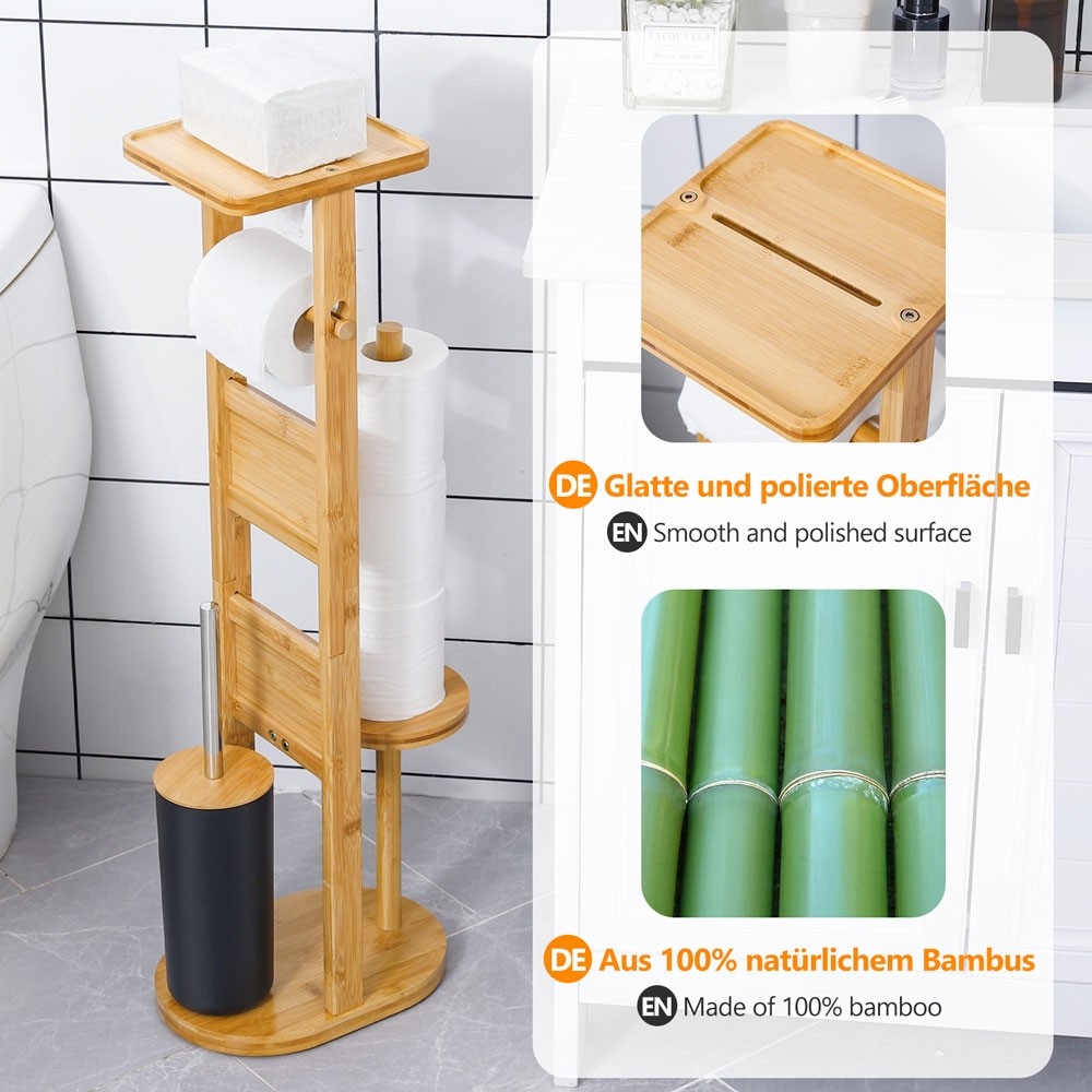 Yorbay Stand WC-Garnitur und Ablage mit aus WC-Bürstenhalter Smartphone Bambus Toilettenpapierhalter