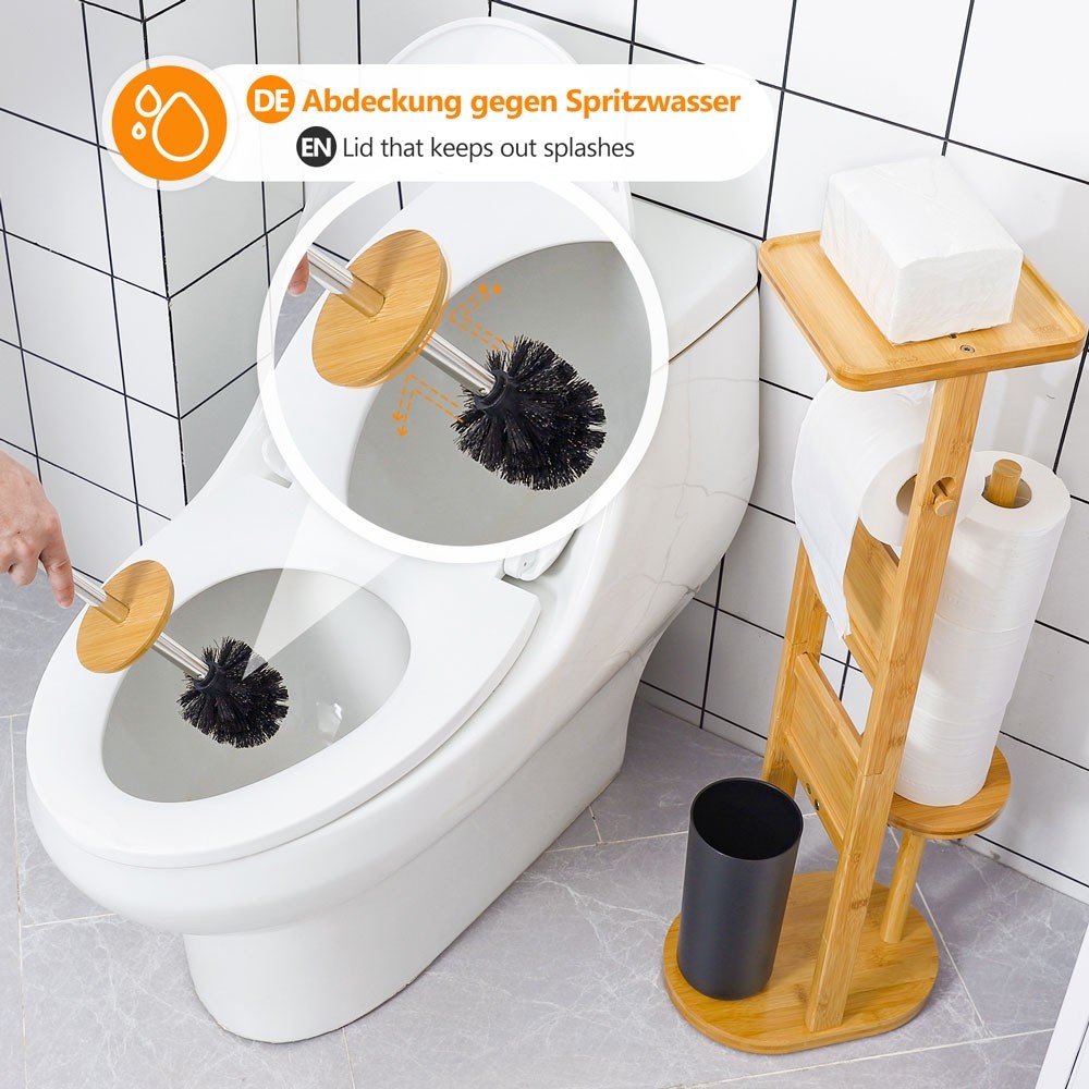 Yorbay Stand WC-Garnitur Ablage Smartphone Toilettenpapierhalter, Bambus WC-Bürstenhalter mit aus und