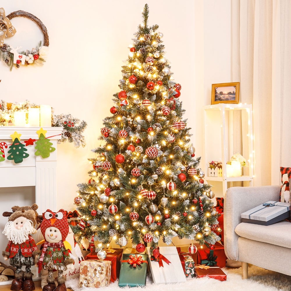 weißen Kiefernzapfen, und echten 150cm Schnee Beleuchtung, mit künstlicher LED mit Weihnachtsbaum Yorbay 210cm 180cm Feuerbeständig, Tannenbaum