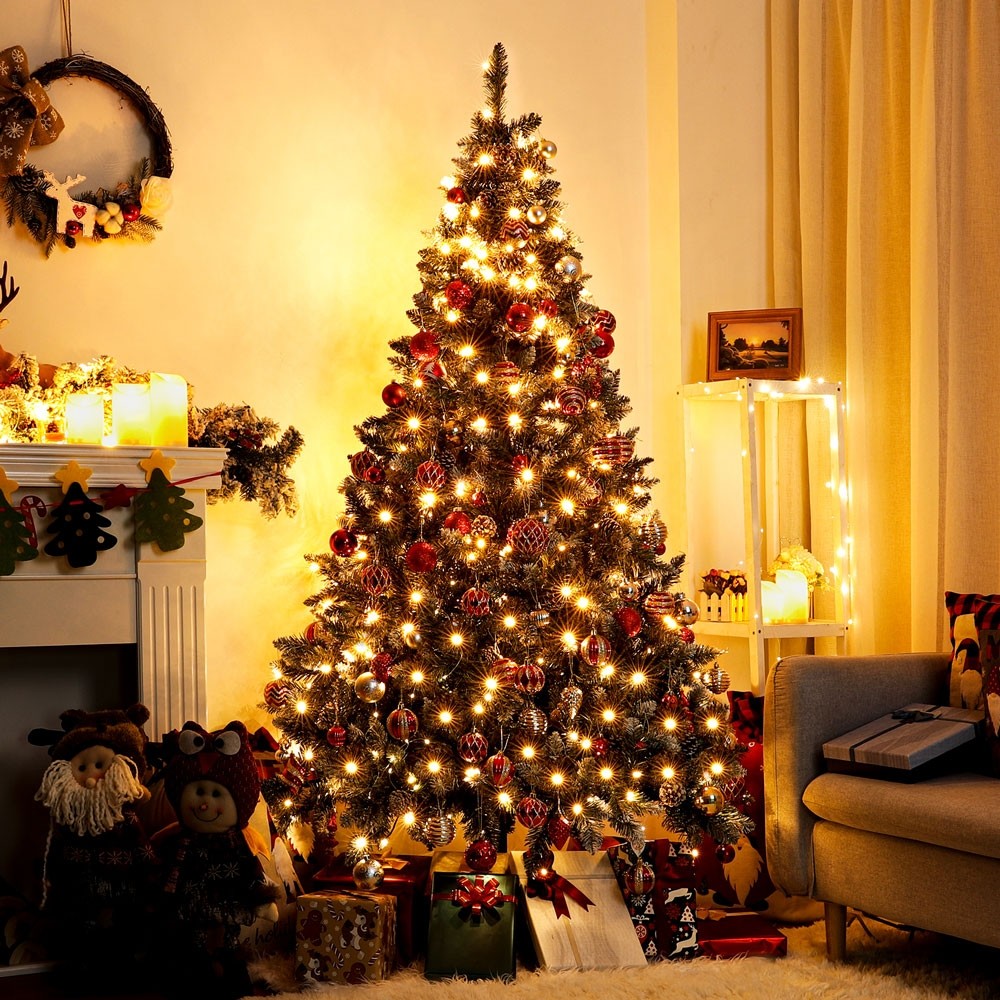 Yorbay künstlicher Tannenbaum mit 210cm Beleuchtung, mit und 180cm Weihnachtsbaum Kiefernzapfen, echten LED weißen Schnee Feuerbeständig, 150cm
