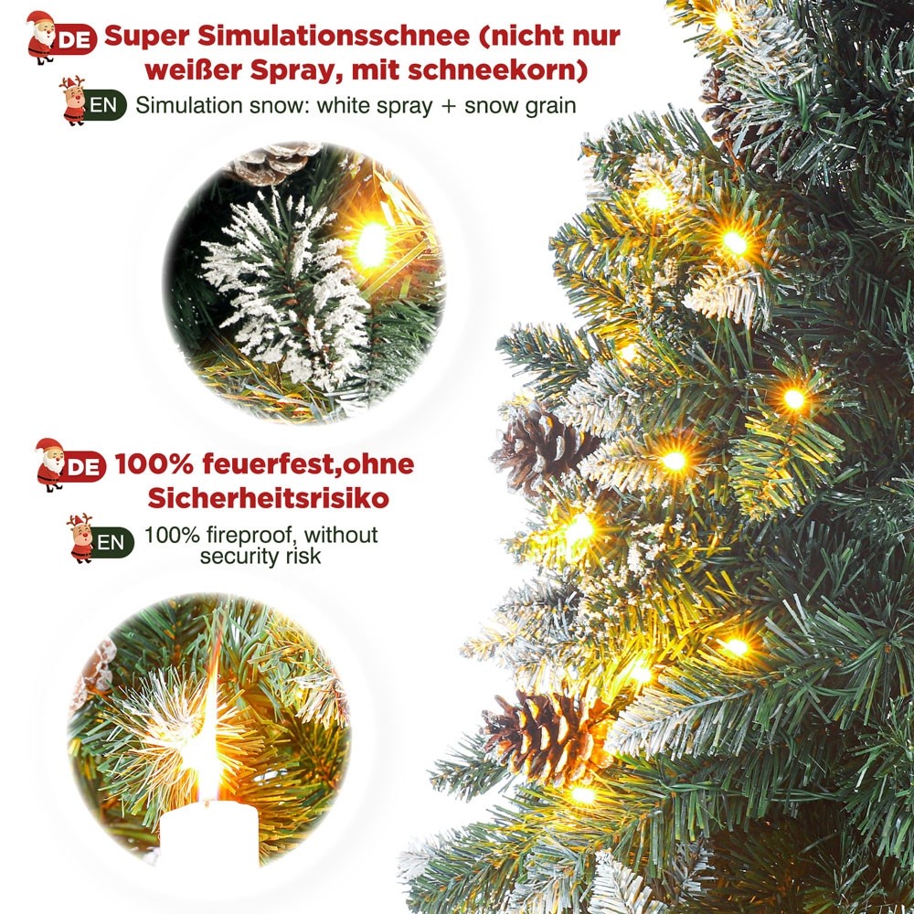 Yorbay Schnee Kiefernzapfen, LED echten Beleuchtung, Weihnachtsbaum Feuerbeständig, mit weißen 180cm 210cm Tannenbaum und mit künstlicher 150cm