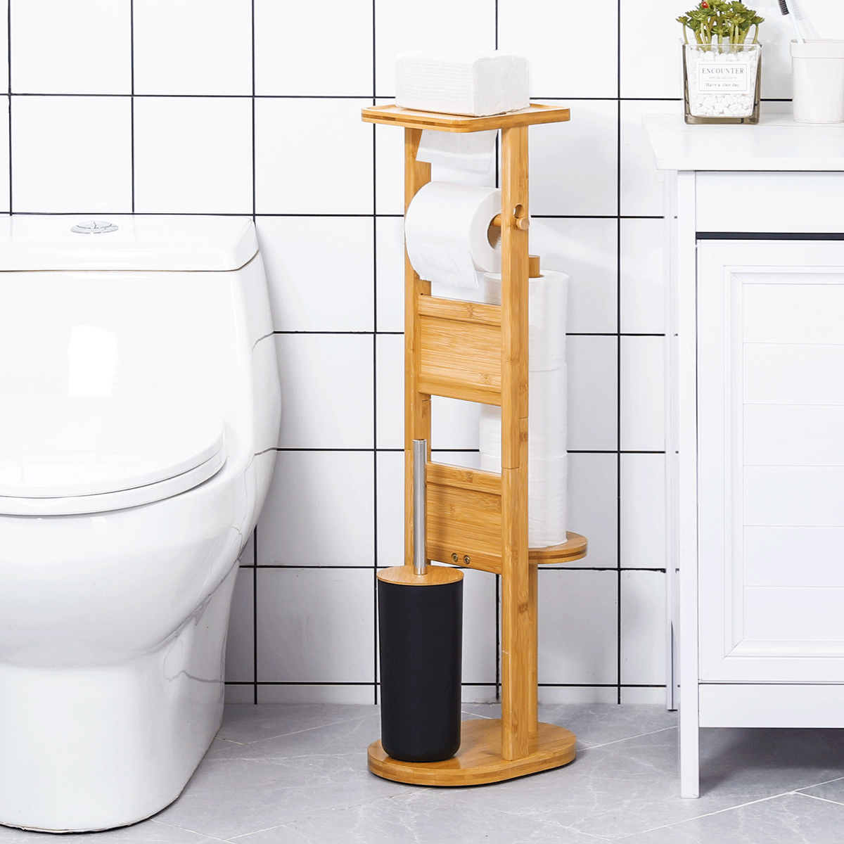 Yorbay Stand Toilettenpapierhalter, Bambus Smartphone WC-Bürstenhalter WC-Garnitur und aus Ablage mit
