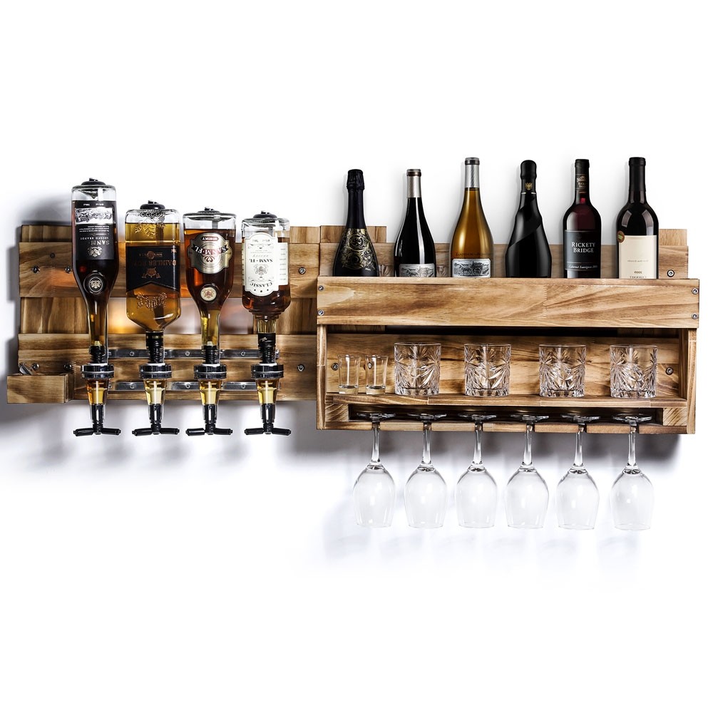 Yorbay Holz Weinregal zur Wandmontage mit 4 Getränkespender und  Flaschenhalter, Wandbar für Weingläser, Whiskygläser zum Hängen 