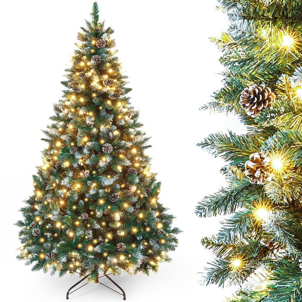 Yorbay künstlicher Weihnachtsbaum mit Beleuchtung, 180cm Kiefernzapfen, mit Feuerbeständig, LED und Tannenbaum echten Schnee 150cm 210cm weißen